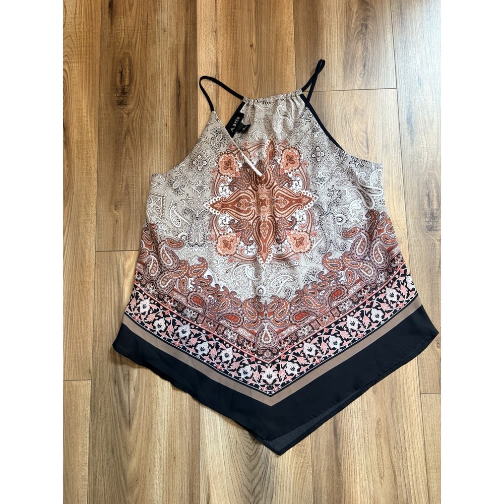 A. Byer Handkerchief Blouse Sleeveless Neutral Beige Paisley Boho Women's Medium